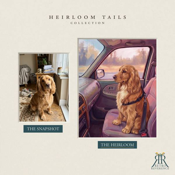 Custom dog portrait before and after: the customer’s original photo beside the finished illustration of a dog in the passenger seat with its paws on the dashboard at sunset
