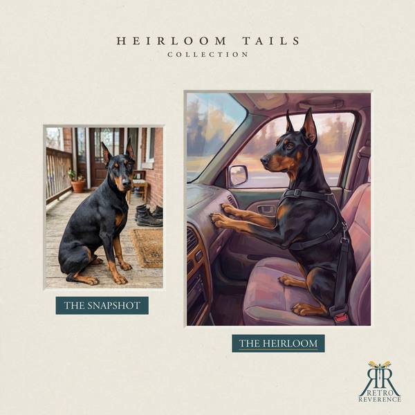 Another before and after, showing a different dog photo transformed into the scene of a dog in the passenger seat with its paws on the dashboard at sunset