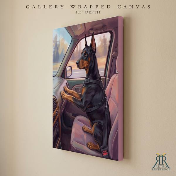 Custom dog portrait of a dog in the passenger seat with its paws on the dashboard at sunset as a gallery wrapped canvas with finished edges