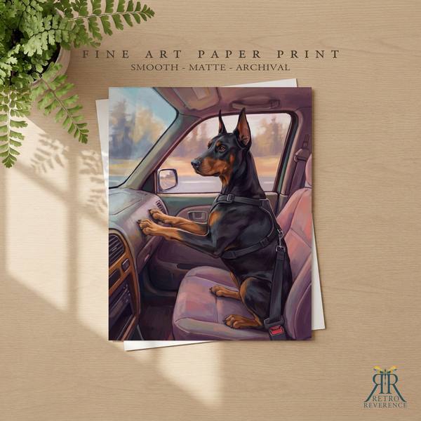 Custom dog portrait of a dog in the passenger seat with its paws on the dashboard at sunset as a framed fine art paper print