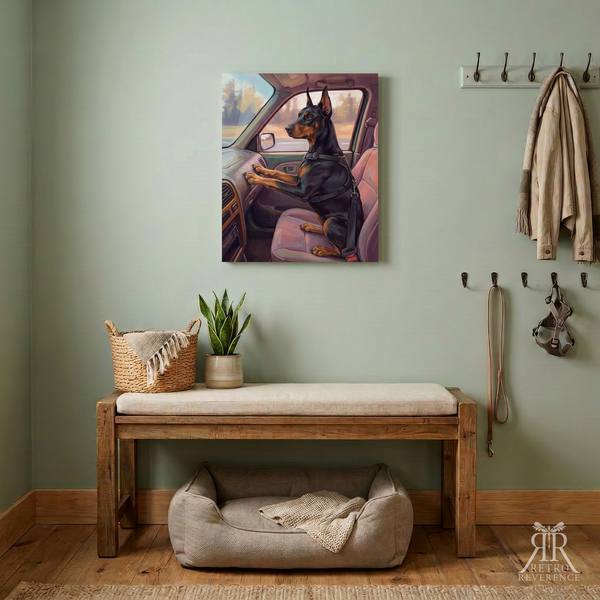 Custom dog portrait of a dog in the passenger seat with its paws on the dashboard at sunset, framed and hanging on a wall at home