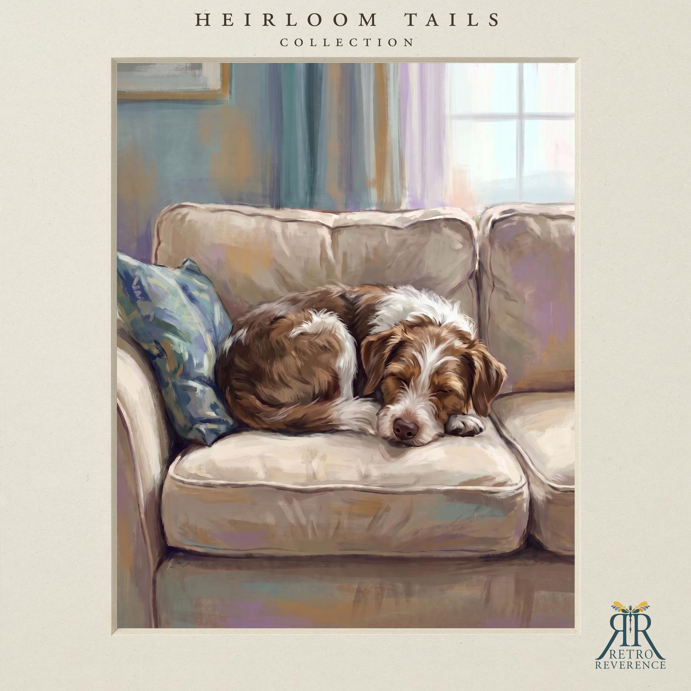 The same scene of a dog curled asleep on the good sofa in afternoon light, rendered with a different dog, showing how the portrait adapts to any coat and markings