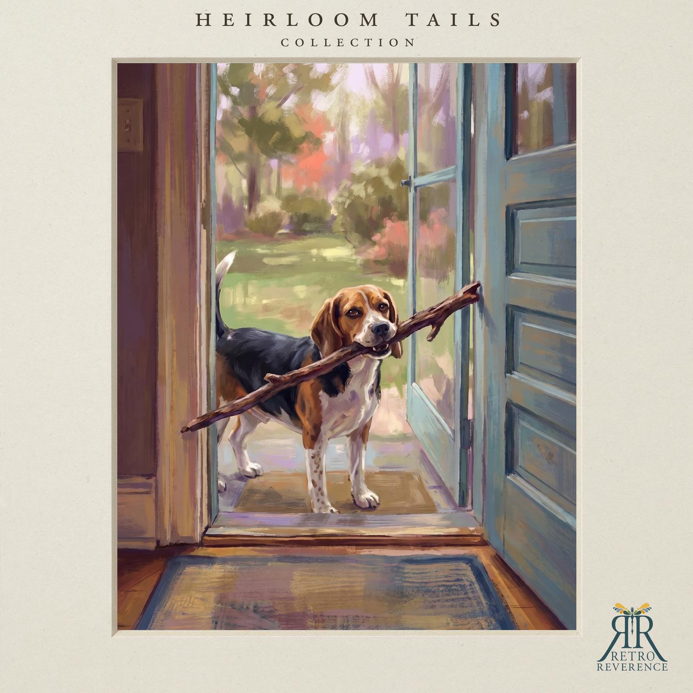Custom dog portrait of a dog proudly carrying a stick far too big for the doorway, illustrated in a painterly vintage style