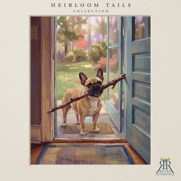 The same scene of a dog proudly carrying a stick far too big for the doorway, rendered with a different dog, showing how the portrait adapts to any coat and markings