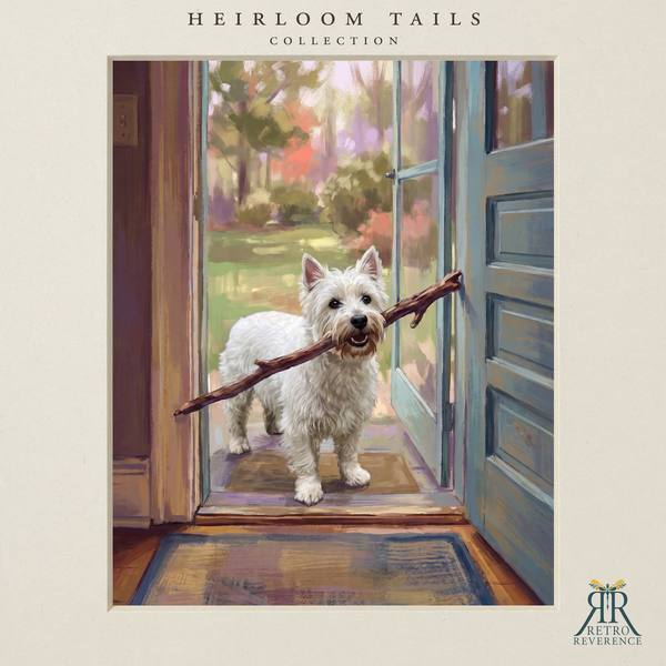 The same scene of a dog proudly carrying a stick far too big for the doorway, rendered with a different dog, showing how the portrait adapts to any coat and markings