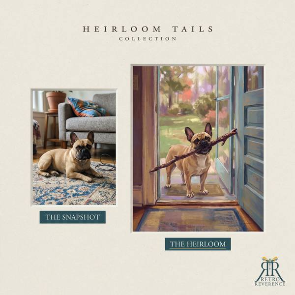 Custom dog portrait before and after: the customer’s original photo beside the finished illustration of a dog proudly carrying a stick far too big for the doorway