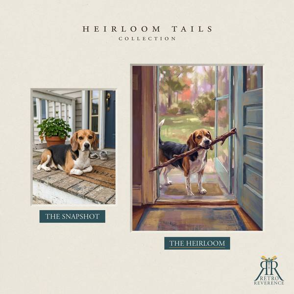 Another before and after, showing a different dog photo transformed into the scene of a dog proudly carrying a stick far too big for the doorway
