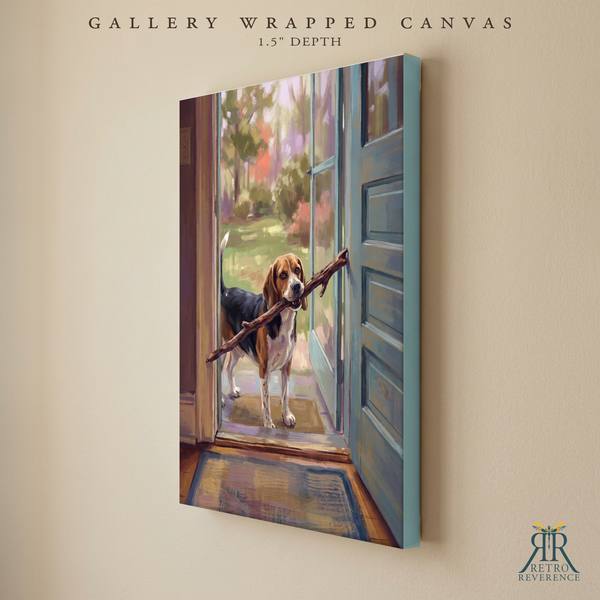 Custom dog portrait of a dog proudly carrying a stick far too big for the doorway as a gallery wrapped canvas with finished edges