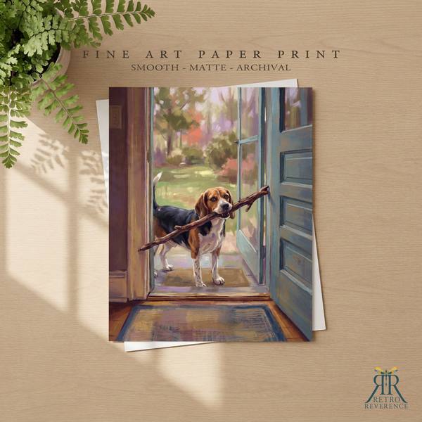 Custom dog portrait of a dog proudly carrying a stick far too big for the doorway as a framed fine art paper print