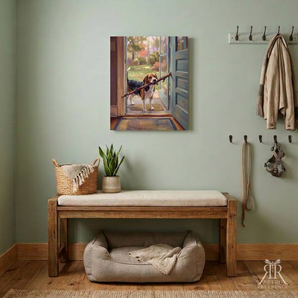 Custom dog portrait of a dog proudly carrying a stick far too big for the doorway, framed and hanging on a wall at home