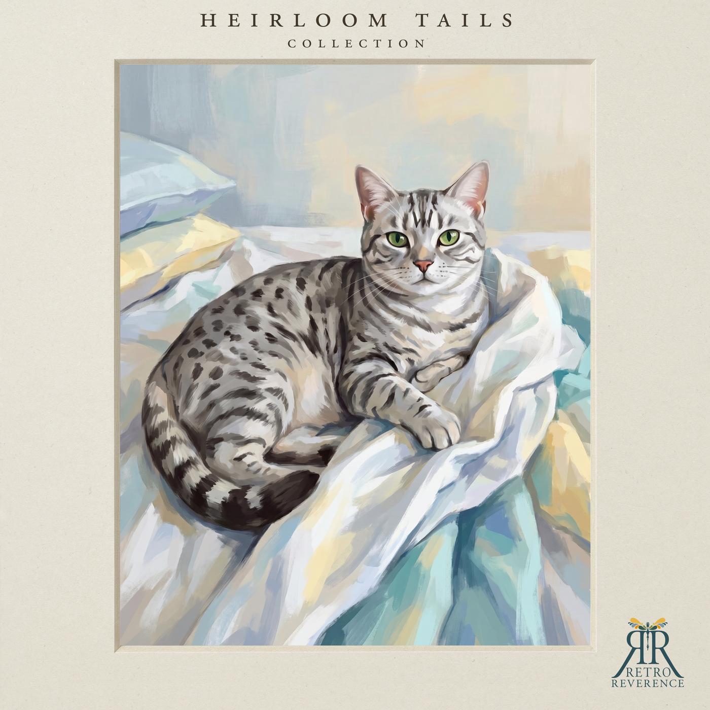 Custom cat portrait of a cat settled on a rumpled duvet, making the bed impossible, illustrated in a painterly vintage style