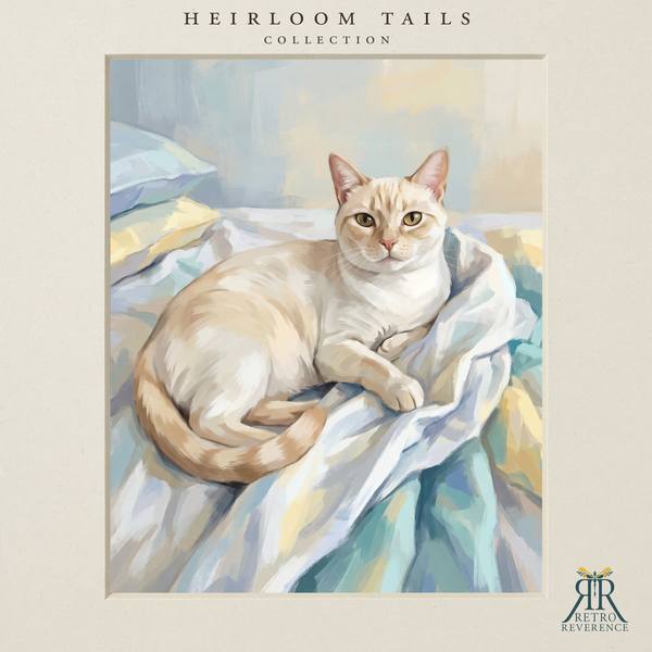 The same scene of a cat settled on a rumpled duvet, making the bed impossible, rendered with a different cat, showing how the portrait adapts to any coat and markings