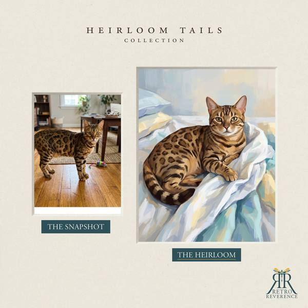 Custom cat portrait before and after: the customer’s original photo beside the finished illustration of a cat settled on a rumpled duvet, making the bed impossible