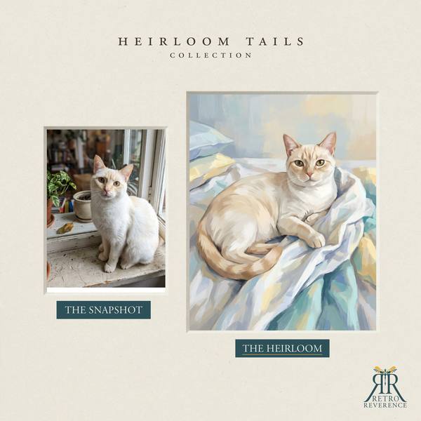 Another before and after, showing a different cat photo transformed into the scene of a cat settled on a rumpled duvet, making the bed impossible