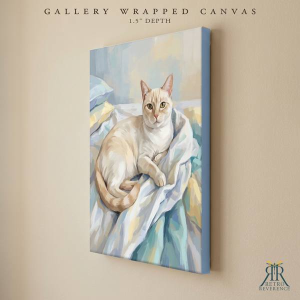 Custom cat portrait of a cat settled on a rumpled duvet, making the bed impossible as a gallery wrapped canvas with finished edges