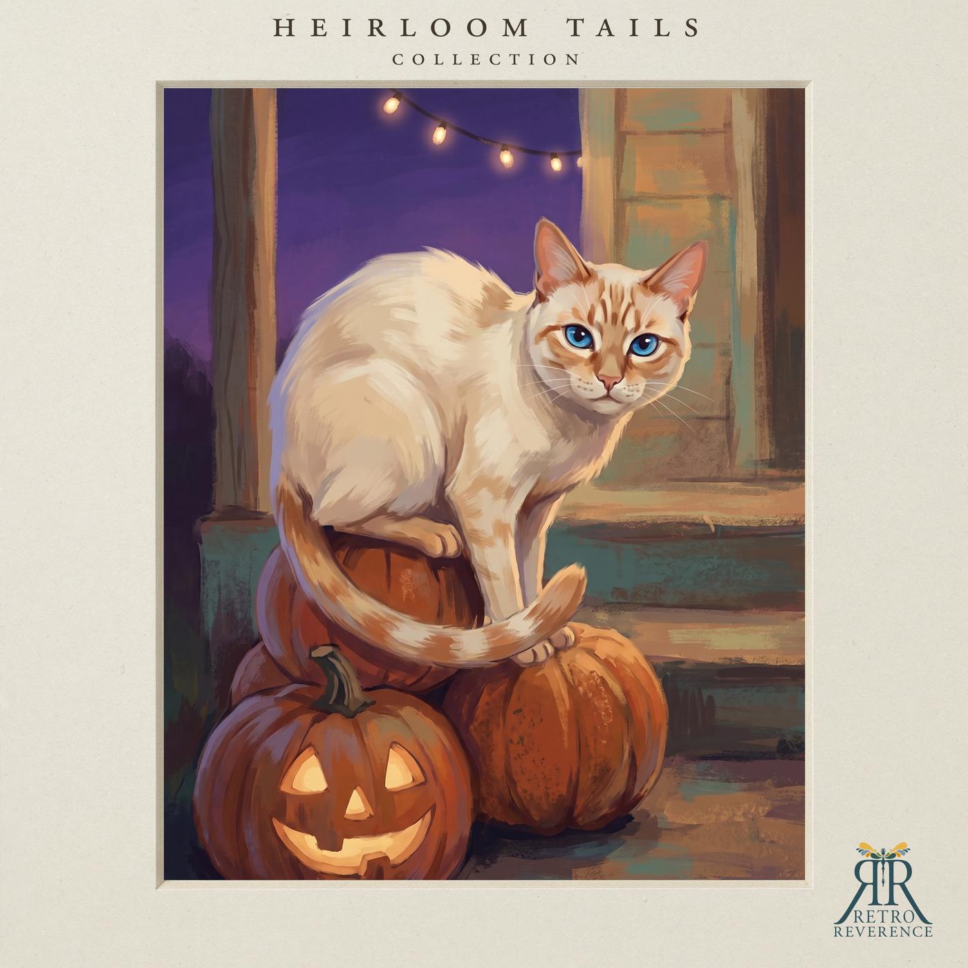 Custom cat portrait of a cat on a dusk-lit porch step surrounded by carved pumpkins, illustrated in a painterly vintage style