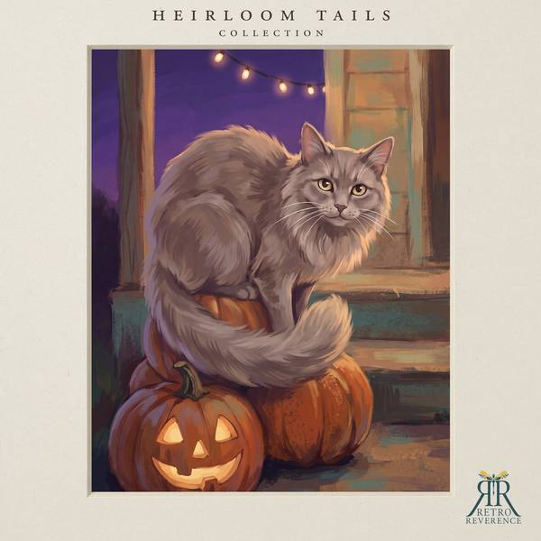 The same scene of a cat on a dusk-lit porch step surrounded by carved pumpkins, rendered with a different cat, showing how the portrait adapts to any coat and markings
