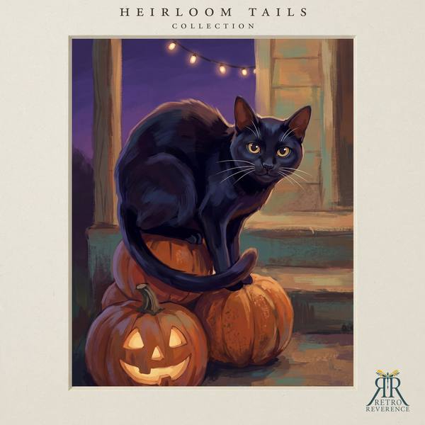 The same scene of a cat on a dusk-lit porch step surrounded by carved pumpkins, rendered with a different cat, showing how the portrait adapts to any coat and markings