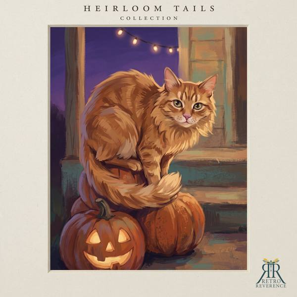 The same scene of a cat on a dusk-lit porch step surrounded by carved pumpkins, rendered with a different cat, showing how the portrait adapts to any coat and markings
