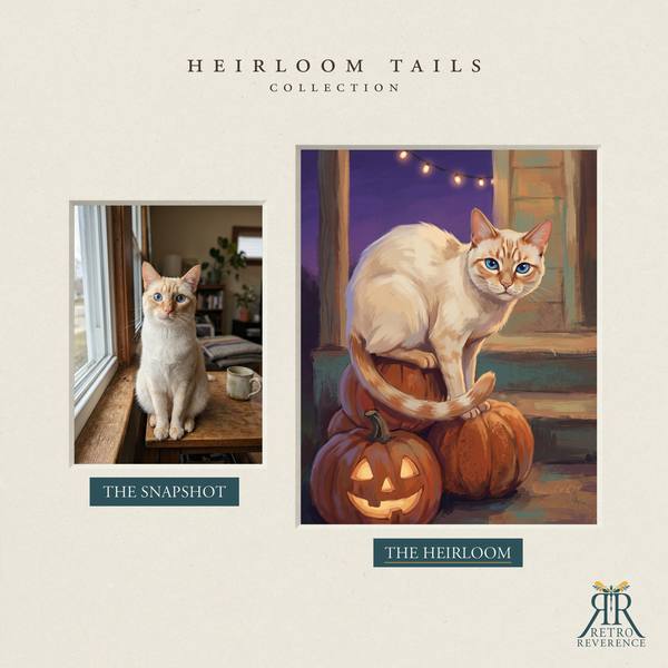 Custom cat portrait before and after: the customer’s original photo beside the finished illustration of a cat on a dusk-lit porch step surrounded by carved pumpkins