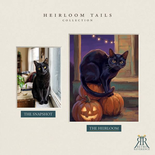 Another before and after, showing a different cat photo transformed into the scene of a cat on a dusk-lit porch step surrounded by carved pumpkins
