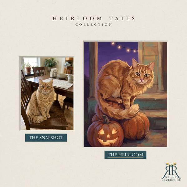 Another before and after, showing a different cat photo transformed into the scene of a cat on a dusk-lit porch step surrounded by carved pumpkins