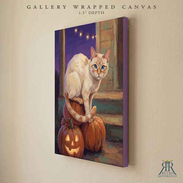 Custom cat portrait of a cat on a dusk-lit porch step surrounded by carved pumpkins as a gallery wrapped canvas with finished edges