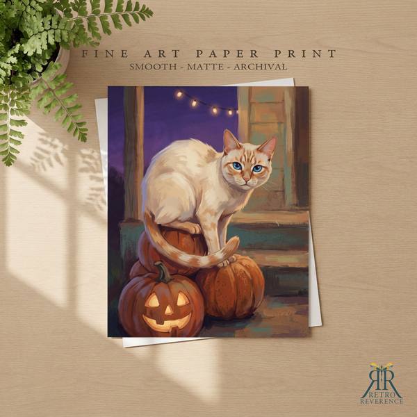 Custom cat portrait of a cat on a dusk-lit porch step surrounded by carved pumpkins as a framed fine art paper print