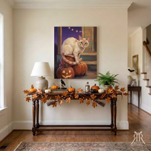 Custom cat portrait of a cat on a dusk-lit porch step surrounded by carved pumpkins, framed and hanging on a wall at home