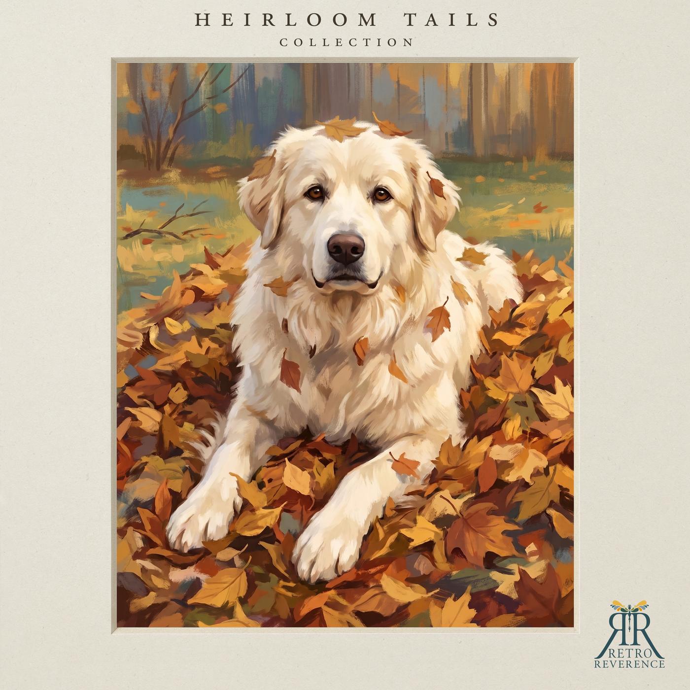 Custom dog portrait of a dog bounding through a drift of golden fall leaves, illustrated in a painterly vintage style