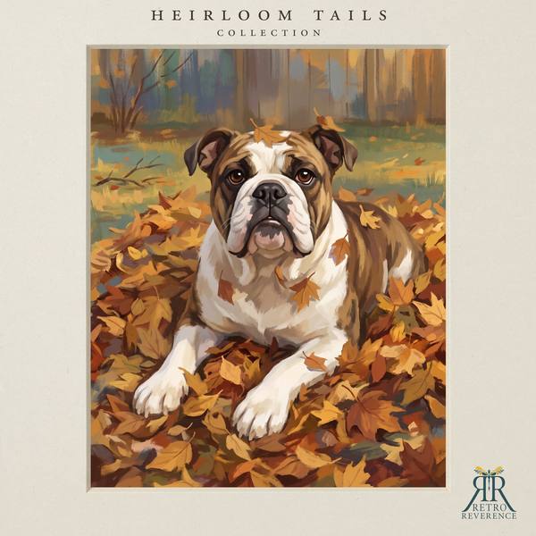 The same scene of a dog bounding through a drift of golden fall leaves, rendered with a different dog, showing how the portrait adapts to any coat and markings