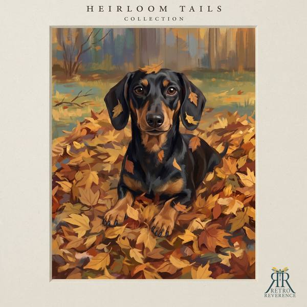 The same scene of a dog bounding through a drift of golden fall leaves, rendered with a different dog, showing how the portrait adapts to any coat and markings