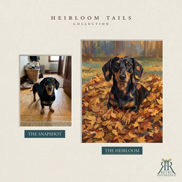Custom dog portrait before and after: the customer’s original photo beside the finished illustration of a dog bounding through a drift of golden fall leaves