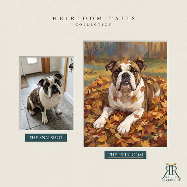 Another before and after, showing a different dog photo transformed into the scene of a dog bounding through a drift of golden fall leaves
