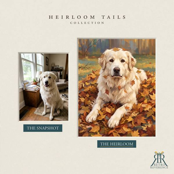 Another before and after, showing a different dog photo transformed into the scene of a dog bounding through a drift of golden fall leaves