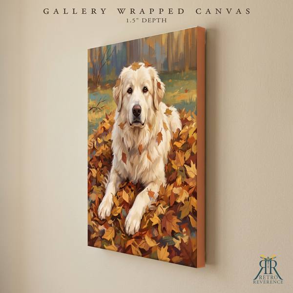 Custom dog portrait of a dog bounding through a drift of golden fall leaves as a gallery wrapped canvas with finished edges
