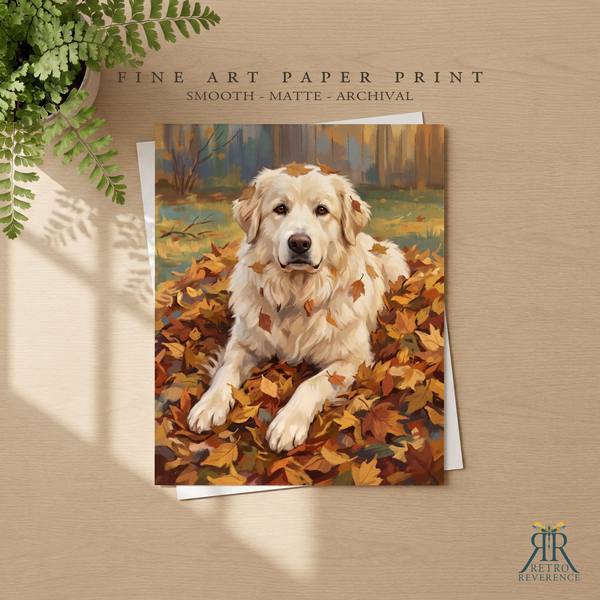 Custom dog portrait of a dog bounding through a drift of golden fall leaves as a framed fine art paper print