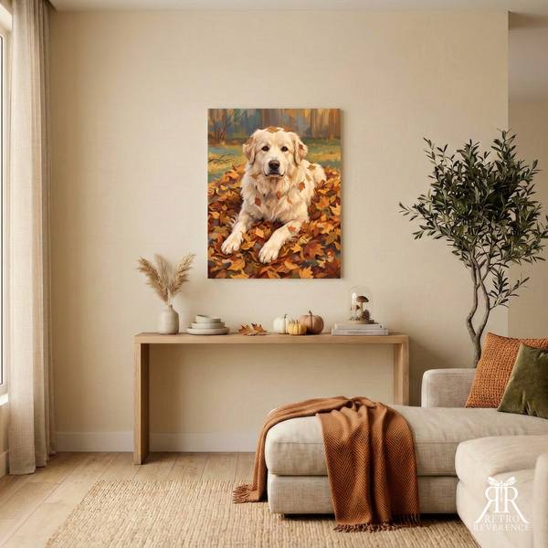 Custom dog portrait of a dog bounding through a drift of golden fall leaves, framed and hanging on a wall at home