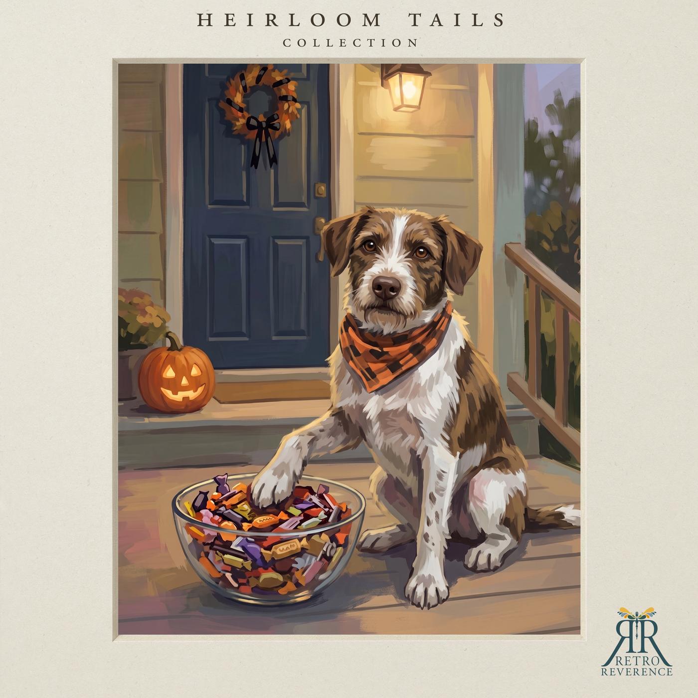 Custom dog portrait of a dog standing guard over the Halloween candy bowl, illustrated in a painterly vintage style