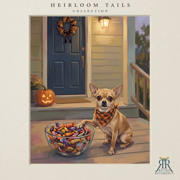 The same scene of a dog standing guard over the Halloween candy bowl, rendered with a different dog, showing how the portrait adapts to any coat and markings