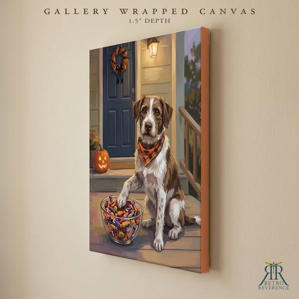 Custom dog portrait of a dog standing guard over the Halloween candy bowl as a gallery wrapped canvas with finished edges