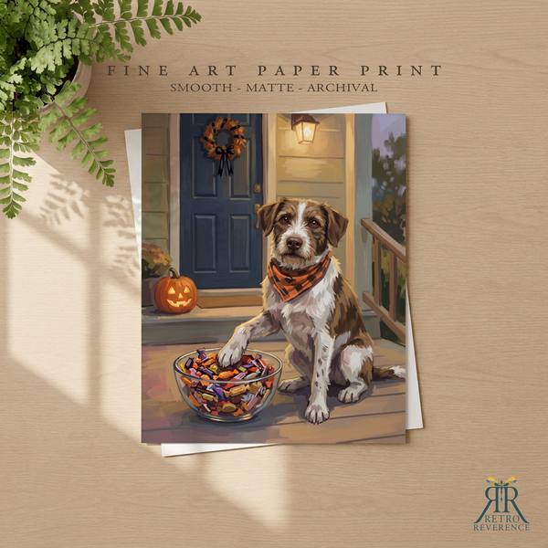 Custom dog portrait of a dog standing guard over the Halloween candy bowl as a framed fine art paper print