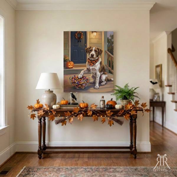 Custom dog portrait of a dog standing guard over the Halloween candy bowl, framed and hanging on a wall at home