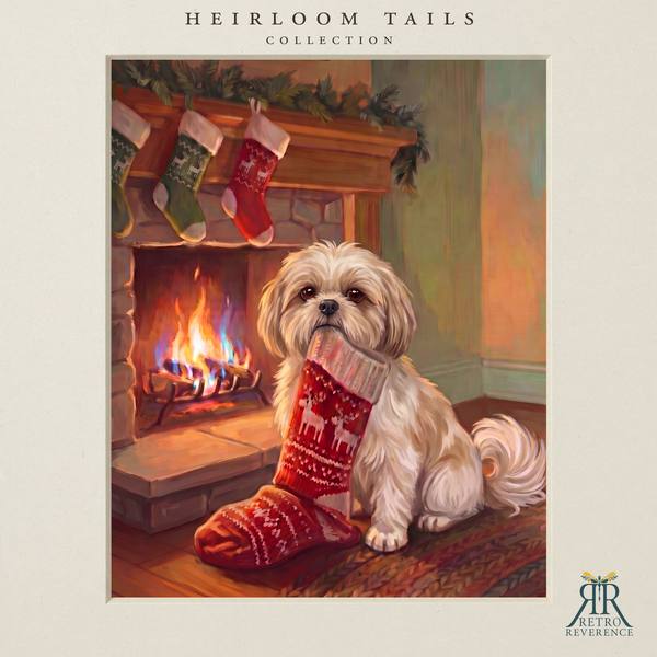 The same scene of a dog carrying its own Christmas stocking to the fireplace, rendered with a different dog, showing how the portrait adapts to any coat and markings