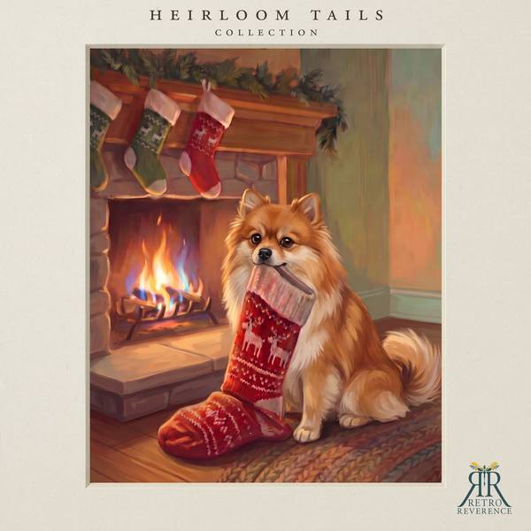 The same scene of a dog carrying its own Christmas stocking to the fireplace, rendered with a different dog, showing how the portrait adapts to any coat and markings