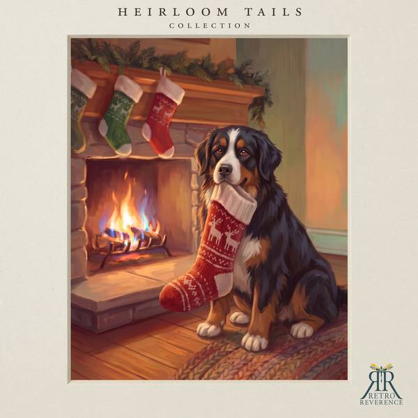 The same scene of a dog carrying its own Christmas stocking to the fireplace, rendered with a different dog, showing how the portrait adapts to any coat and markings