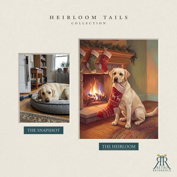 Custom dog portrait before and after: the customer’s original photo beside the finished illustration of a dog carrying its own Christmas stocking to the fireplace