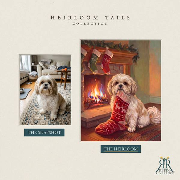 Another before and after, showing a different dog photo transformed into the scene of a dog carrying its own Christmas stocking to the fireplace