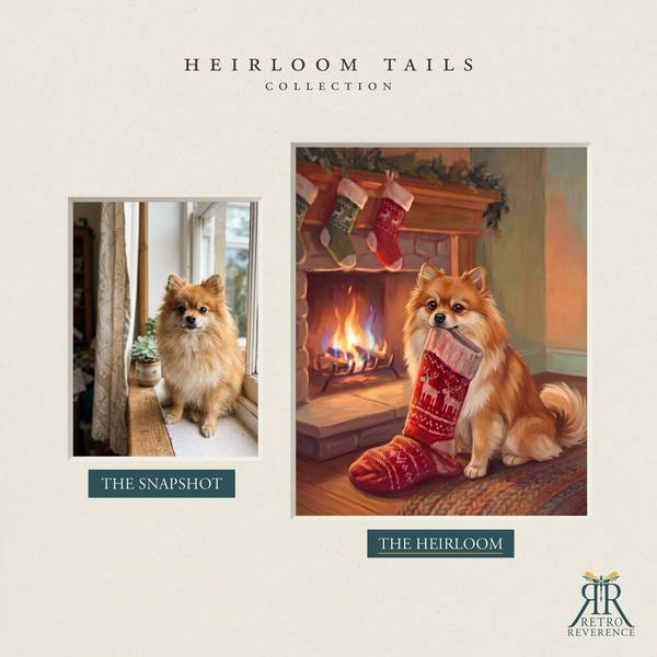 Another before and after, showing a different dog photo transformed into the scene of a dog carrying its own Christmas stocking to the fireplace