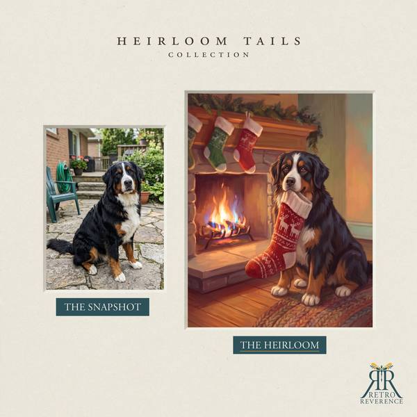 Another before and after, showing a different dog photo transformed into the scene of a dog carrying its own Christmas stocking to the fireplace